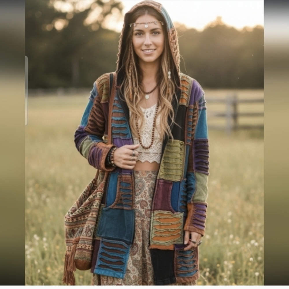 Ark Imports Boho Gypsy Colorful Patchwork Front Zip Hoodie Sz M